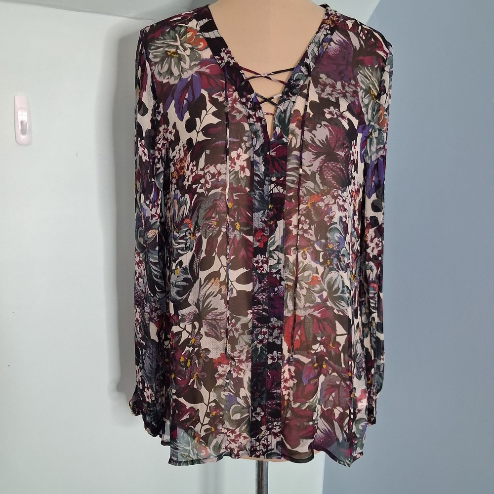Lucky Brand Floral Lace Up Peasant‎ Blouse Sheer Boho Top Purple Multi Medium